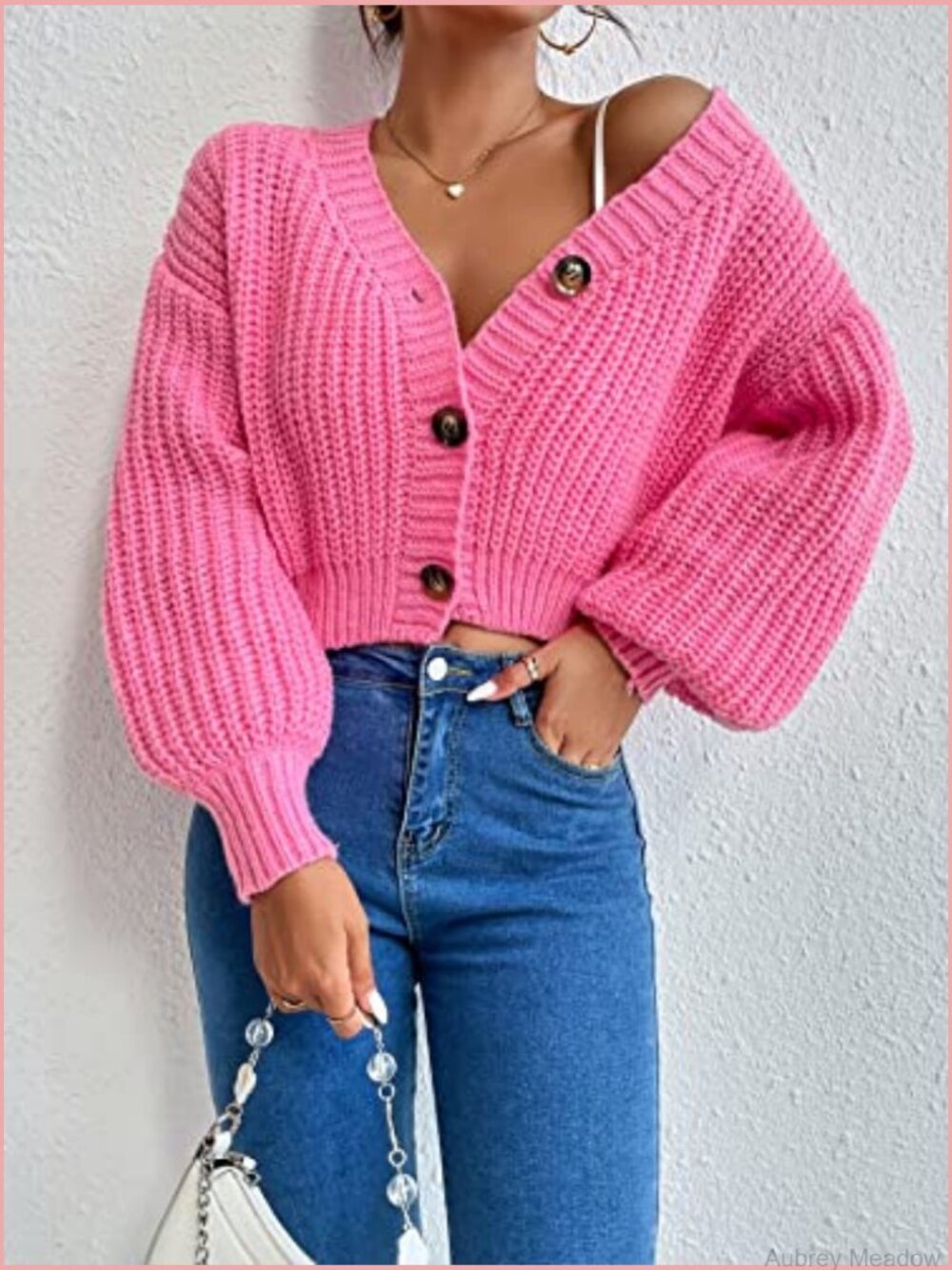 Chunky Crop Cardigan Sweater Button Up Cable Knit Lantern Sleeve - Picture 3 of 7